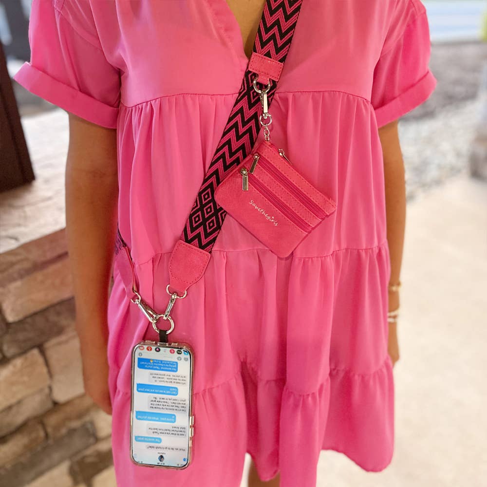 Clip & Go Crossbody Phone Lanyard - Chevron Collection: Hot Pink/Black - Pink Pouch