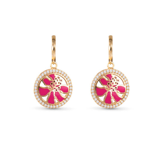 Enamel Pink Hibiscus and CZ Earrings -  Gold - AMANDA BLU