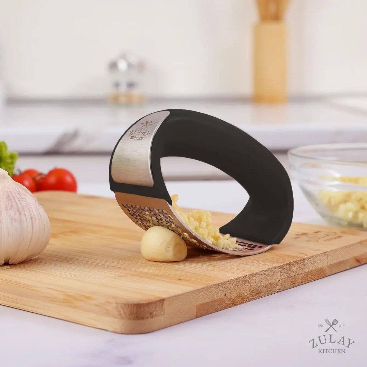 Garlic Press Rocker With Silicone Peeler & Scraper Set: Blue