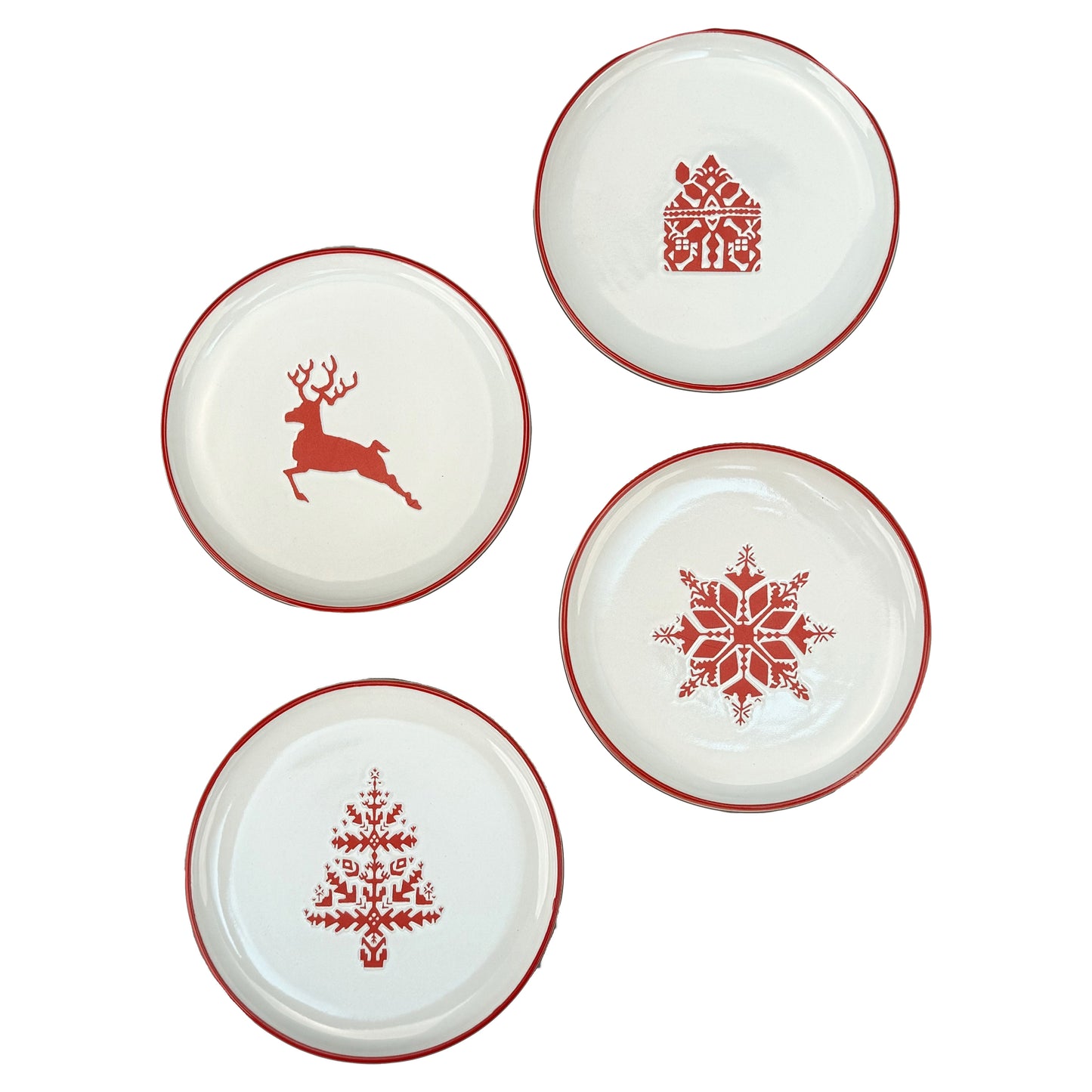 Set of 4 Holiday Plates, 6", Red On White