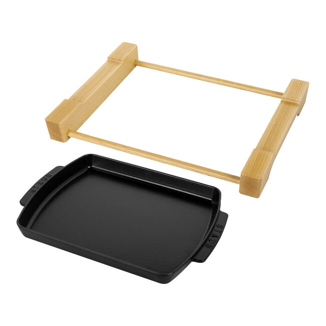 Staub Cast Iron 13-inch x 9-inch, Rectangular Serving Dish With Wood Base - Black Matte