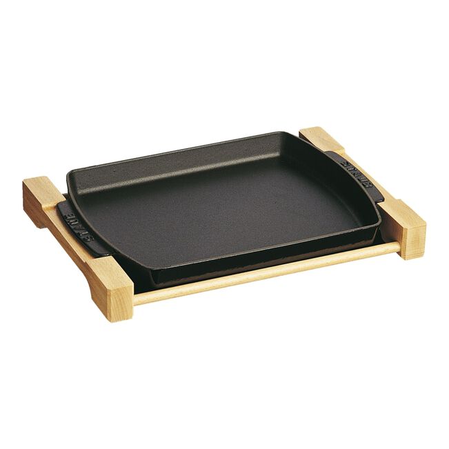 Staub Cast Iron 13-inch x 9-inch, Rectangular Serving Dish With Wood Base - Black Matte