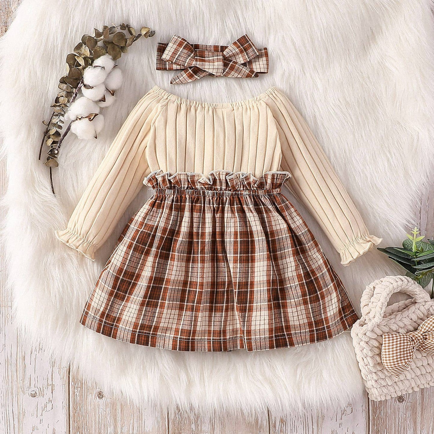 2pcs Baby Girl 95% Cotton Spliced Dress with Headband Set: 9-12 Months