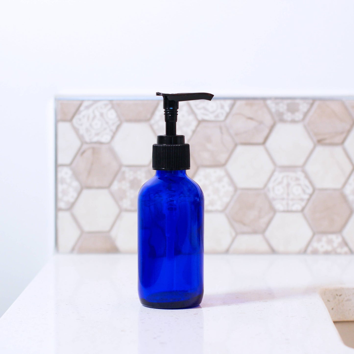 4oz Empty Blue Glass Lotion/Soap Bottle