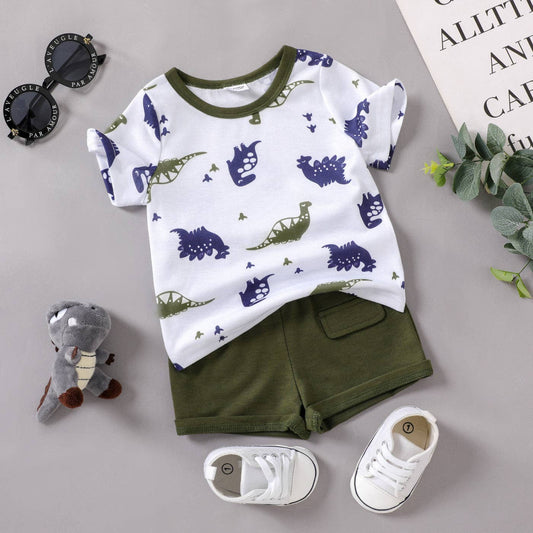 2pcs Baby Boy All Over Dinosaur Tee  Shorts Set: Army green / 9-12 Months