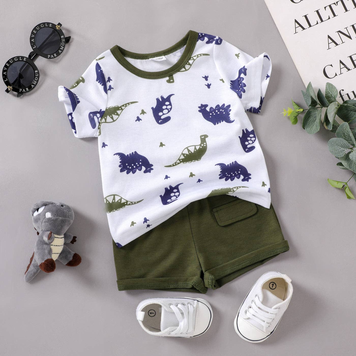 2pcs Baby Boy All Over Dinosaur Tee  Shorts Set: Army green / 18-24 Months