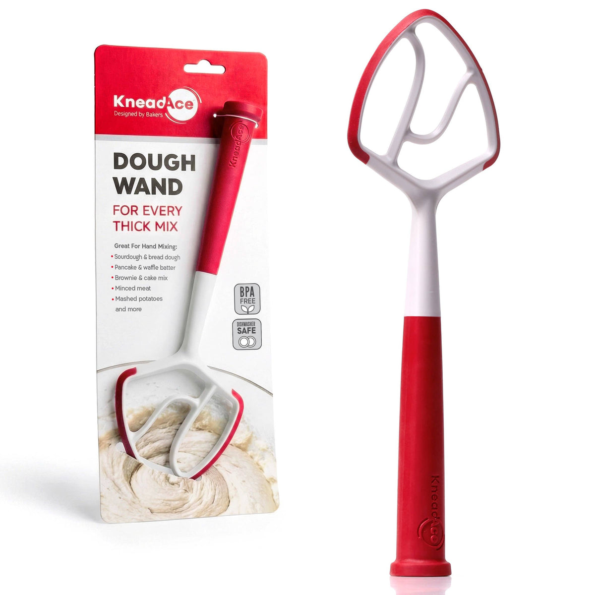 KneadAce Dough Wand, Danish Dough Whisk: White / Red