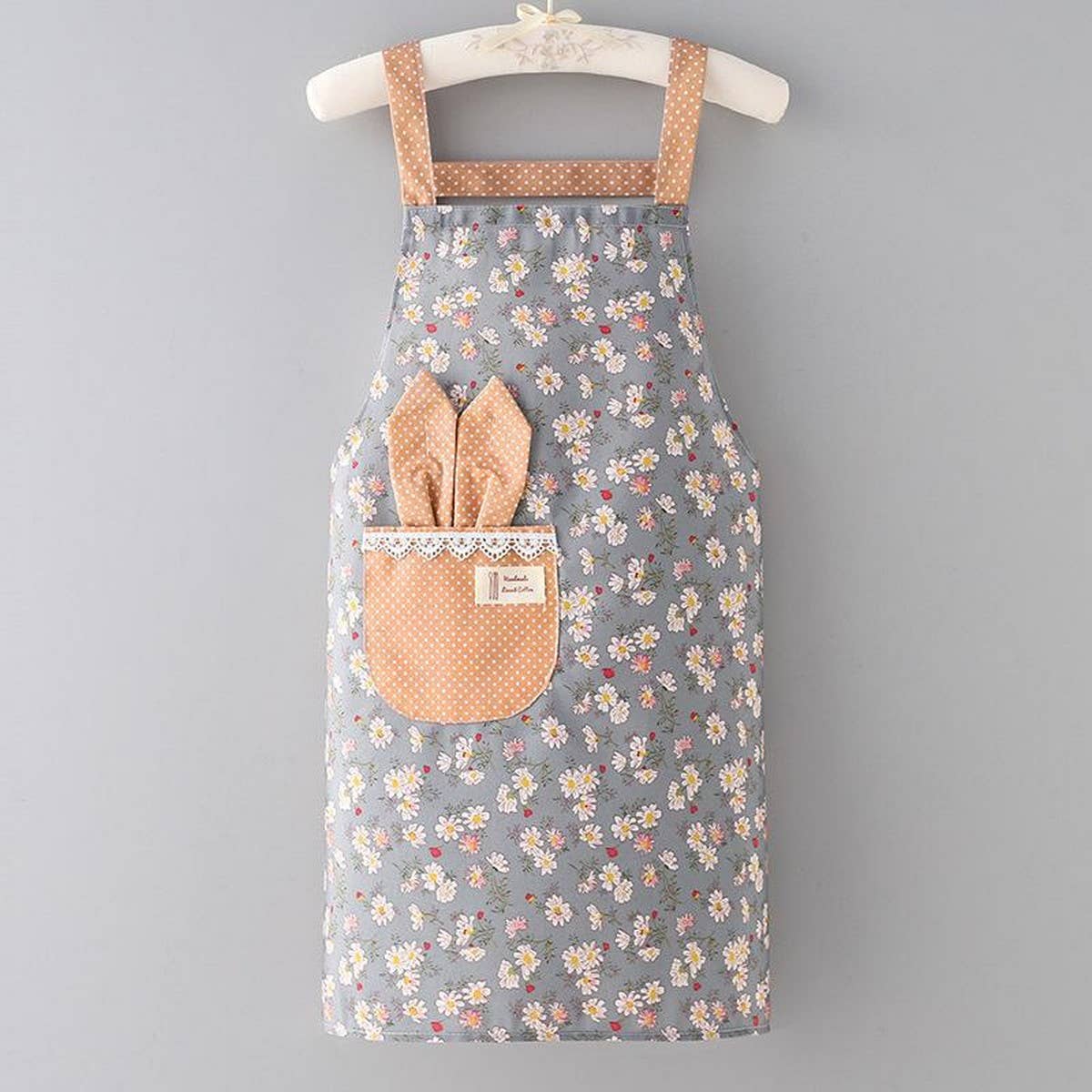 CUTE FLORAL CANVAS BIB APRONS WITH POCKETS_CWMM2049: Green / (OS) 1