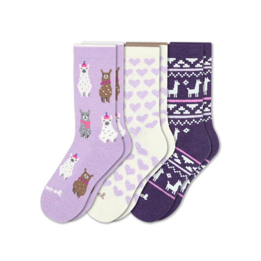 Women's Crew Pacas Socks: ALPACA TRIBAL/Blackberry & THISTLE WINTER ALPACAS & HEARTS/Ivory / Medium / Large (US: 8.5 - 11.5+)