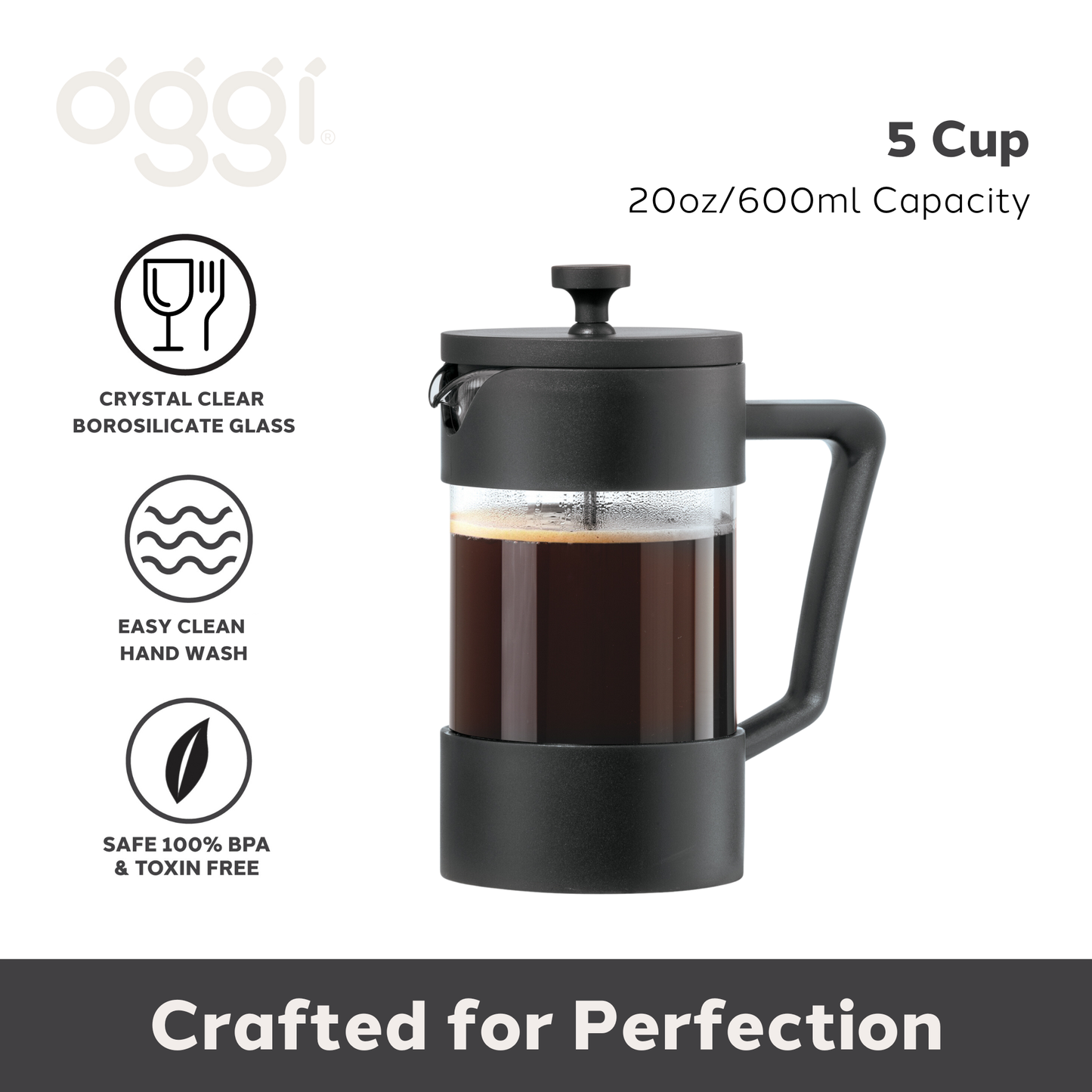 5 Cup Borosilicate French Press Coffee Maker (600 ml, 20 oz): Gray