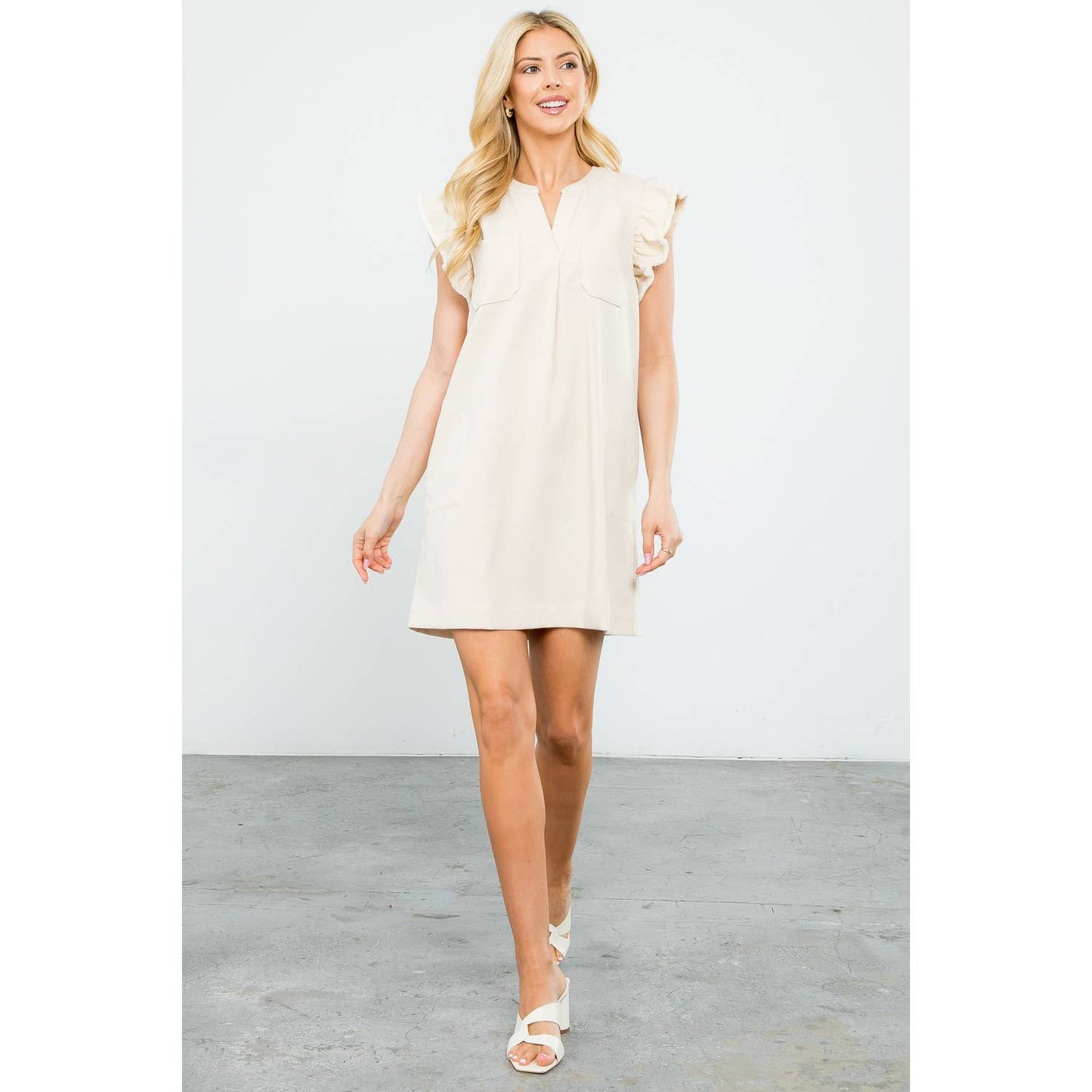 Flutter Sleeve Split V-Neck Mini Shift Dress: CREAM / XS-S-M-L(1-2-2-1)