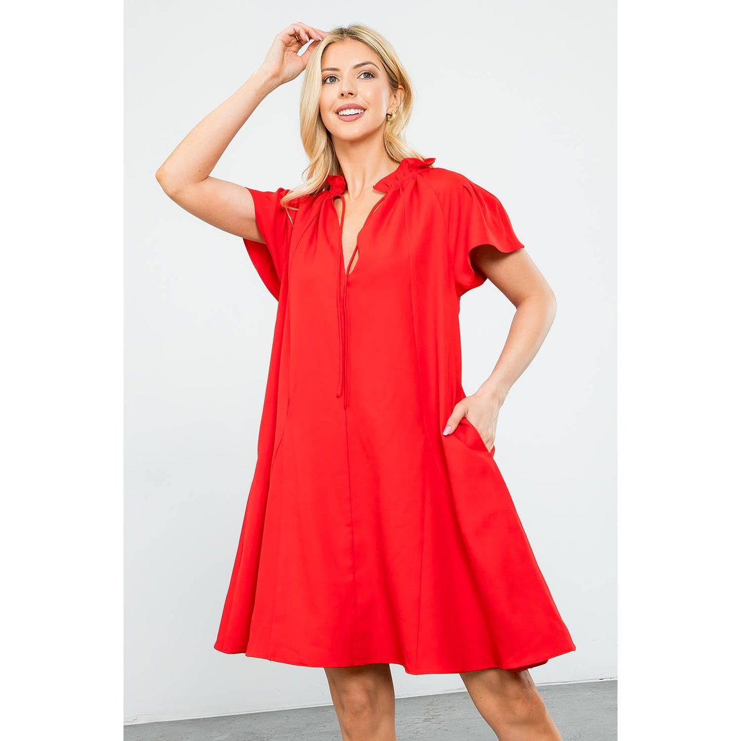 Flutter Sleeve Split Tie Neck Casual Mini Dress: BLACK / XS-S-M-L(1-2-2-1)