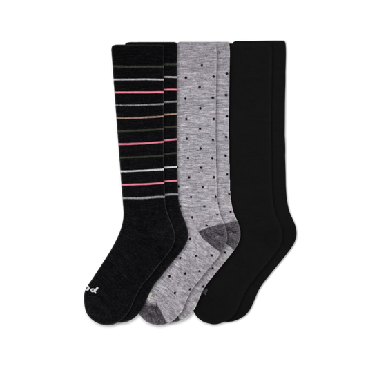 Women's Compression Socks: SOLID/Black & POLKA/Gray/Charcoal & THIN STRIPE/Black / Medium / Large (US: 8.5 - 11.5+)