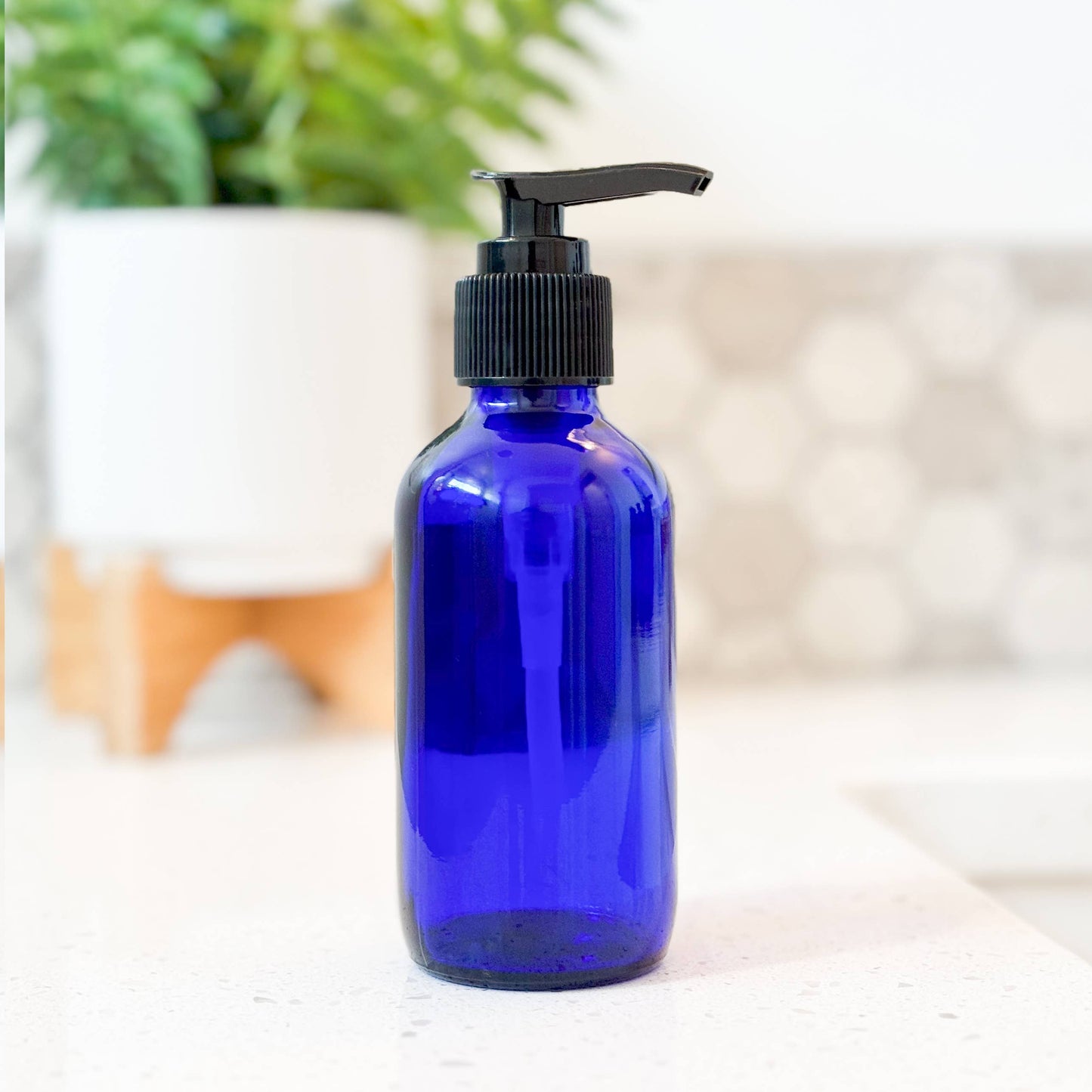 4oz Empty Blue Glass Lotion/Soap Bottle
