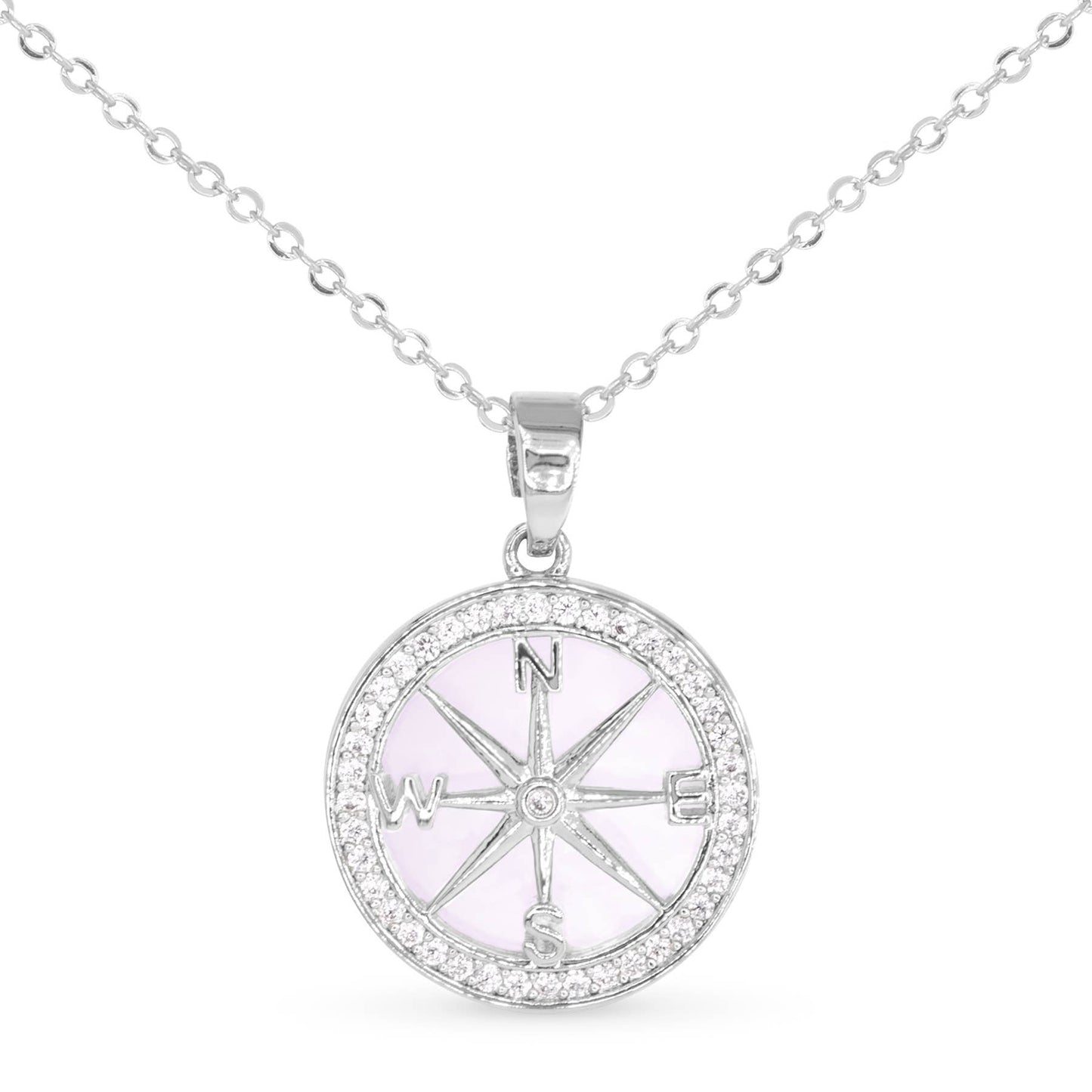 Sparkling CZ & Mother of Pearl Compass Pendant Necklace: 18K Gold Dipped