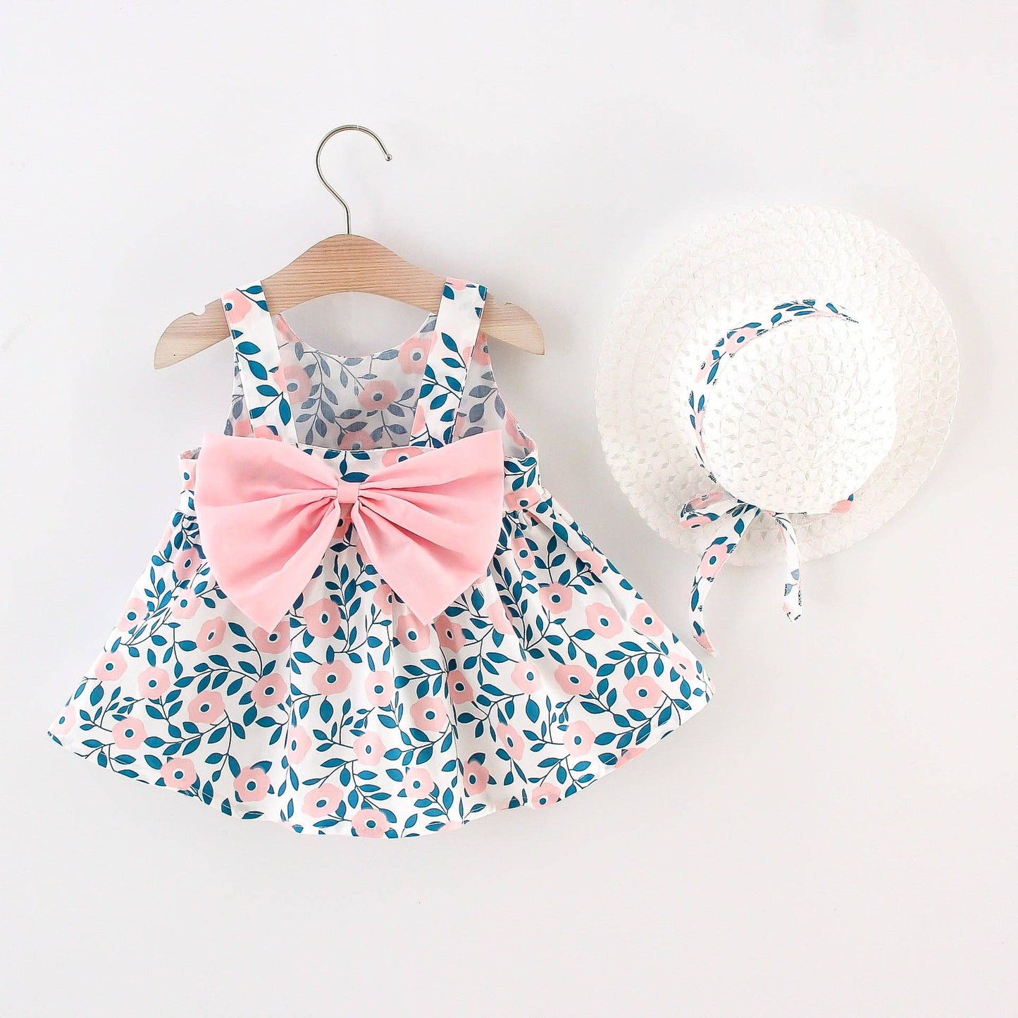 2pcs Floral Print Bowknot Sleeveless Baby Dress: Pink / 6-9 Months