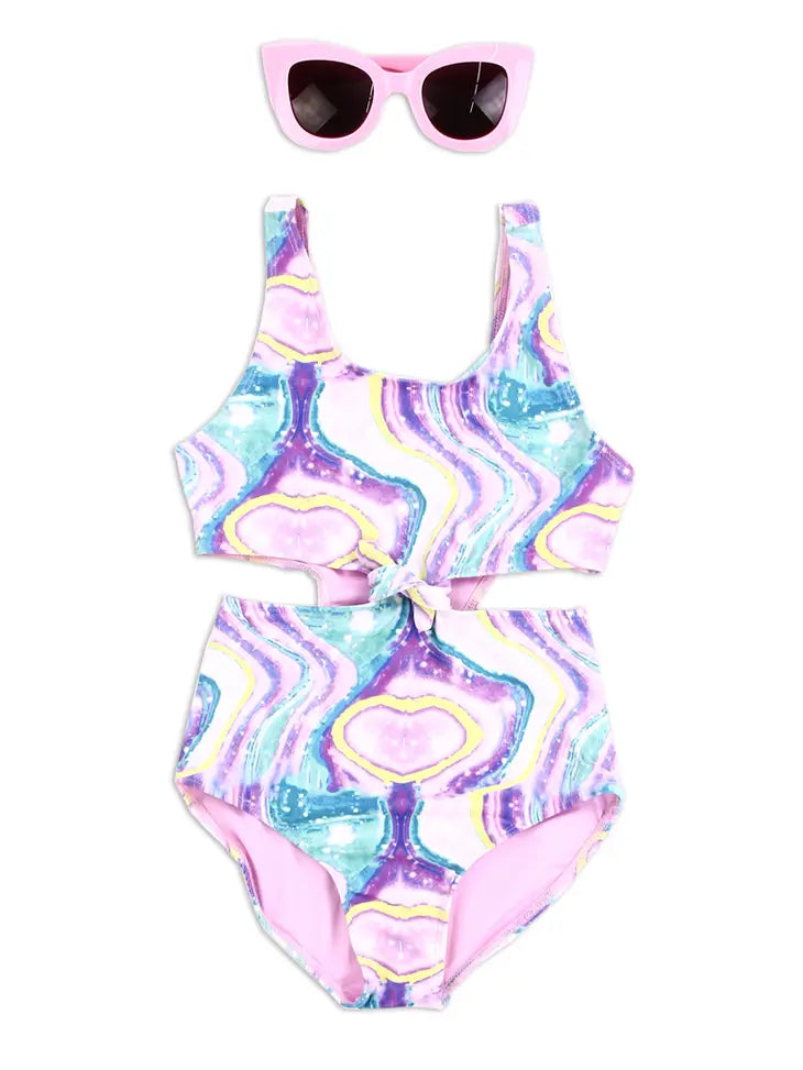 GIRLS SWIMSUIT WITH GLASSES, SIZE 4-6X