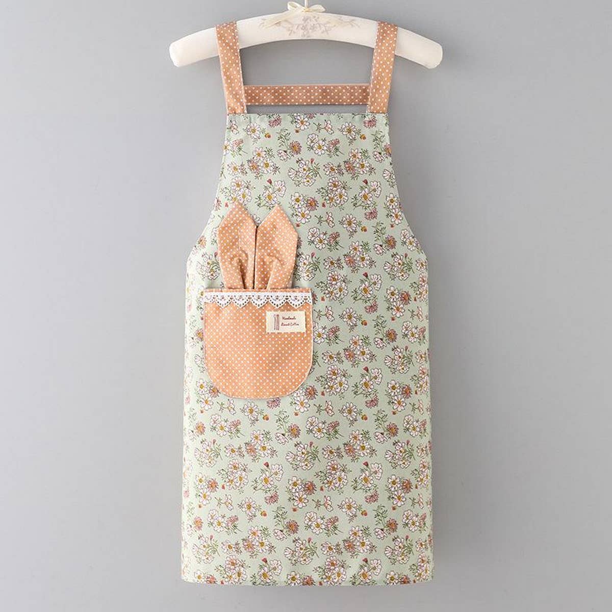 CUTE FLORAL CANVAS BIB APRONS WITH POCKETS_CWMM2049: Green / (OS) 1