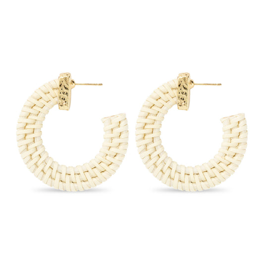 Gold and Ivory Flat Hoop Rattan Earrings - AMANDA BLU