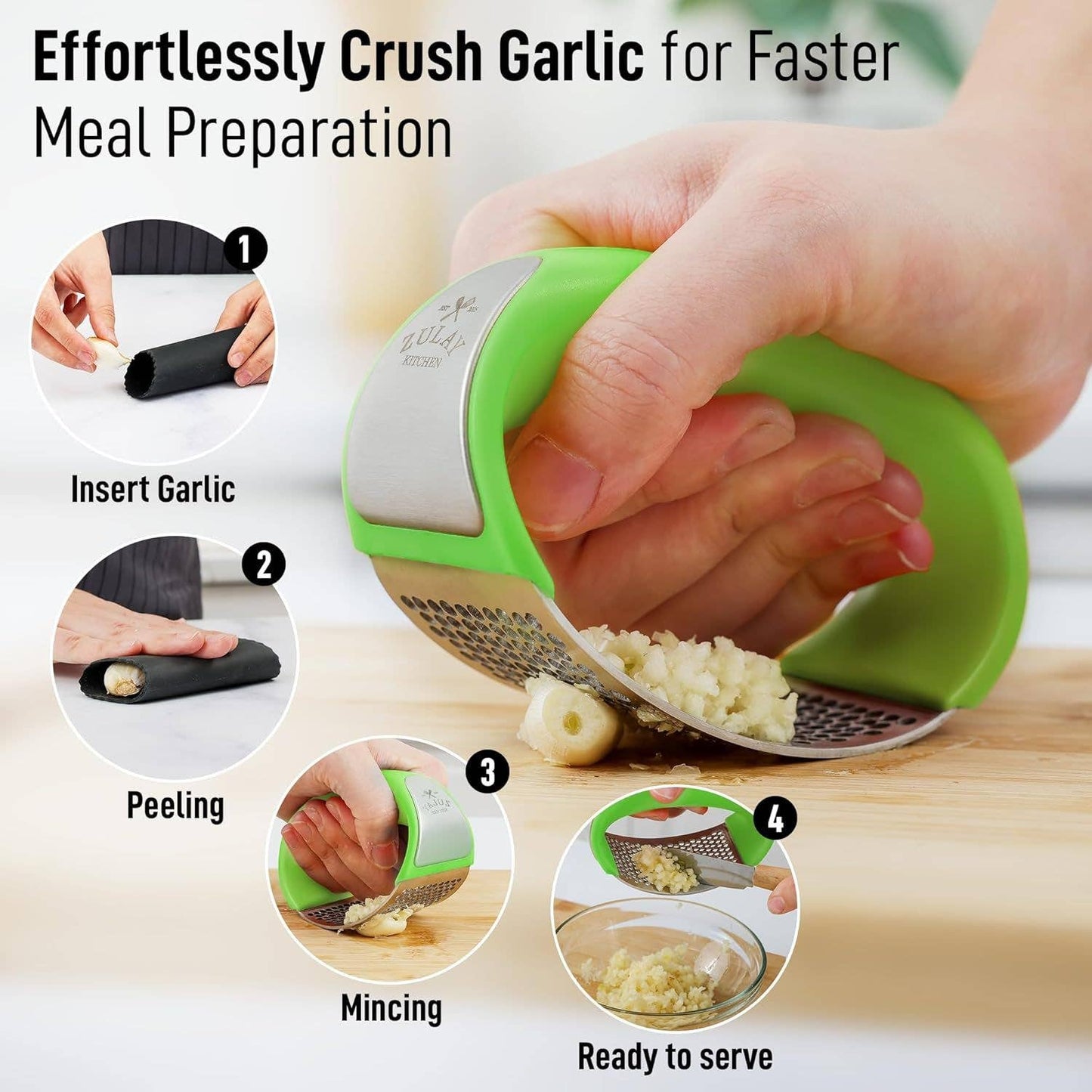 Garlic Press Rocker With Silicone Peeler & Scraper Set: Blue