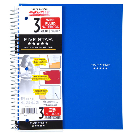 150 Sheets, 3 Subjects, Wide Ruled Spiral Notebook