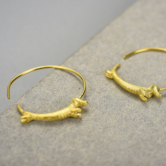 Cute Gold Dachshund Dog Hoop Earrings in 925 Sterling Silver: Gold