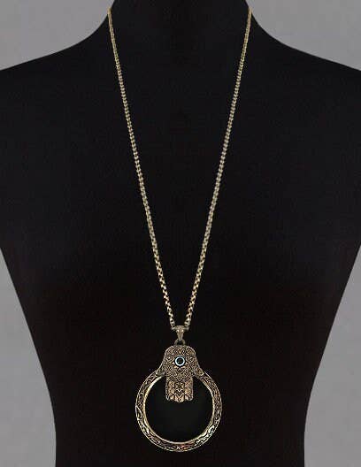 Hamsa  6 Times Magnifier Magnifying Glass Pendant Necklace: Antique Gold