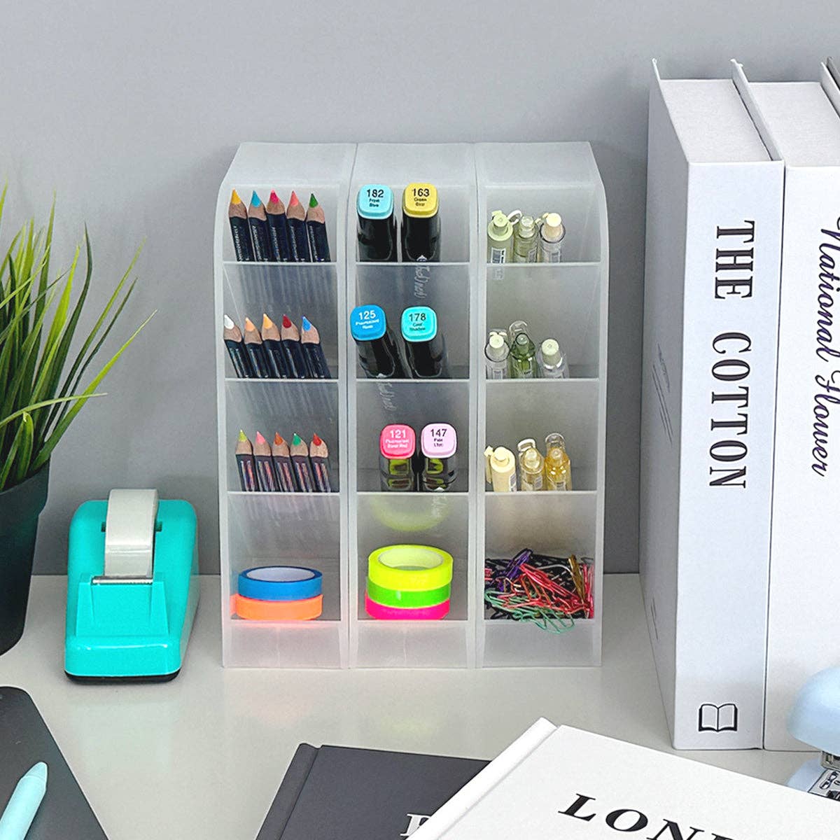 Wrapables Pen Organizer with 4 Compartments Desktop Storage: Large (2pcs) / Clear