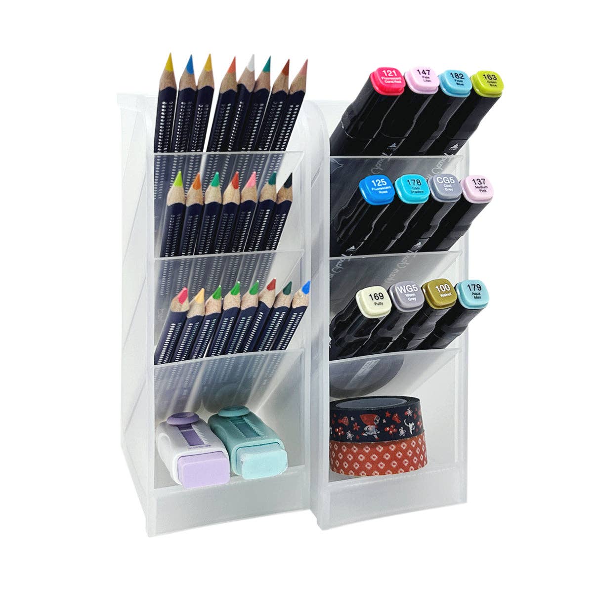 Wrapables Pen Organizer with 4 Compartments Desktop Storage: Large (2pcs) / Clear