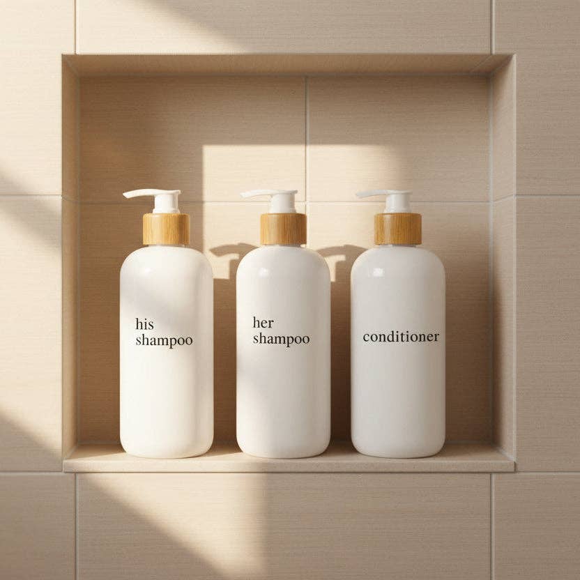 Shampoo & Conditioner Bottle Sets - Refillable | White Dispensers | Bamboo or Plastic Tops: White / Shampoo / Black / Plastic
