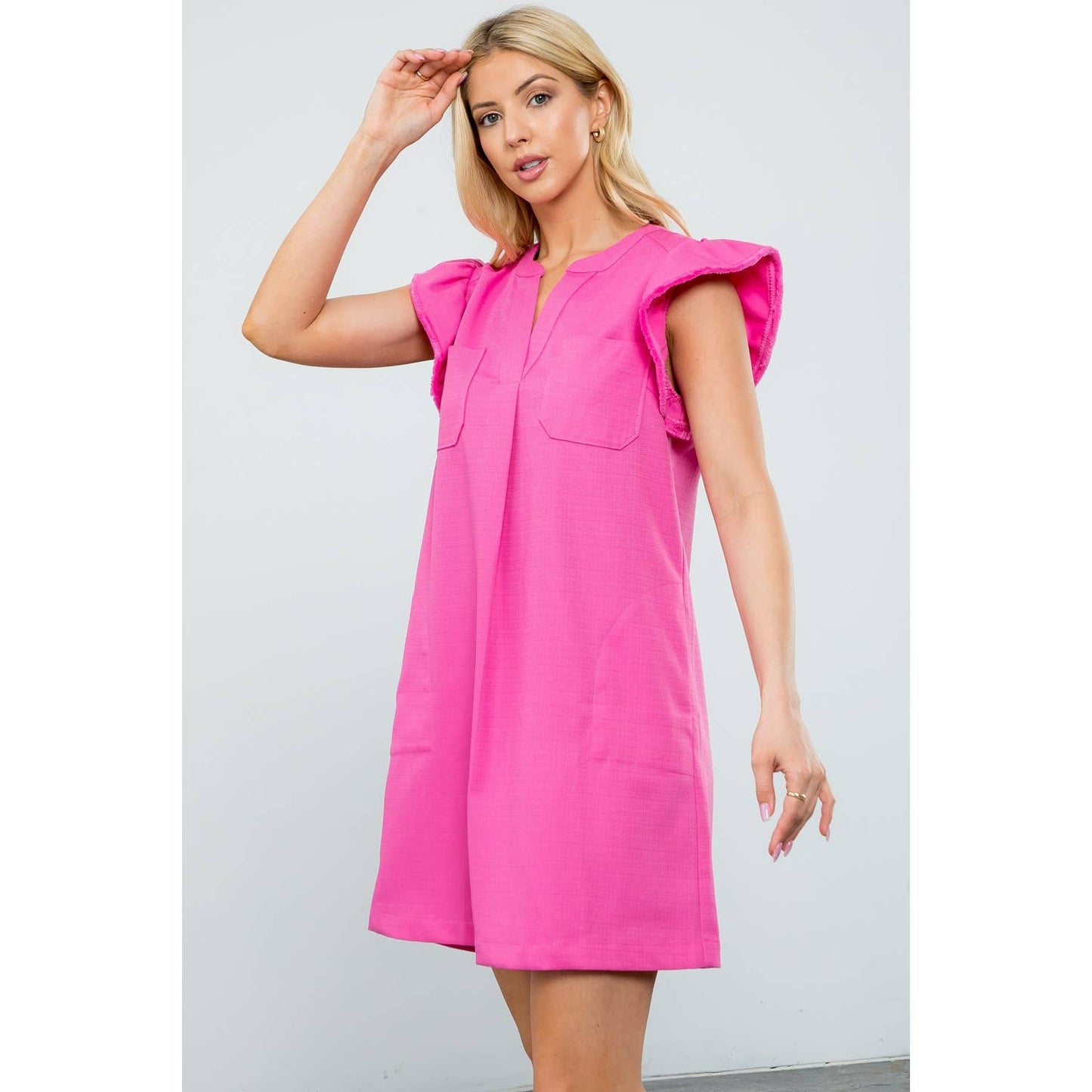 Flutter Sleeve Split V-Neck Mini Shift Dress: CREAM / XS-S-M-L(1-2-2-1)