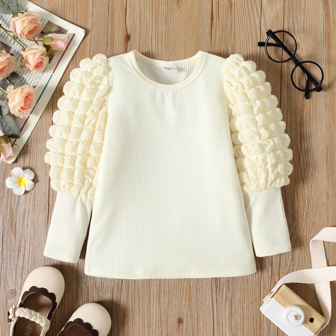Girl Textured Ribbed Long Puff-sleeve Solid Color Tee: Yellow / 3-4 Years