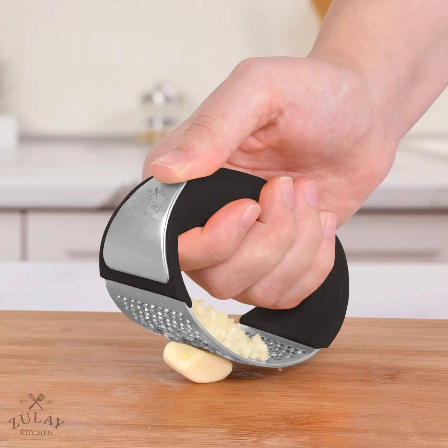 Garlic Press Rocker With Silicone Peeler & Scraper Set: Blue
