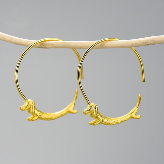 Cute Gold Dachshund Dog Hoop Earrings in 925 Sterling Silver: Silver