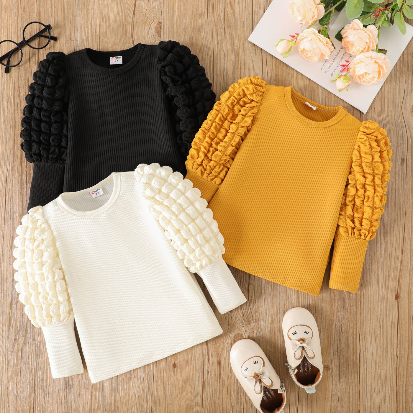 Girl Textured Ribbed Long Puff-sleeve Solid Color Tee: Yellow / 3-4 Years