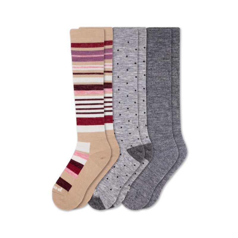 Women's Compression Socks: SOLID/Black & POLKA/Gray/Charcoal & THIN STRIPE/Black / Small / Medium (US: 5 - 8)