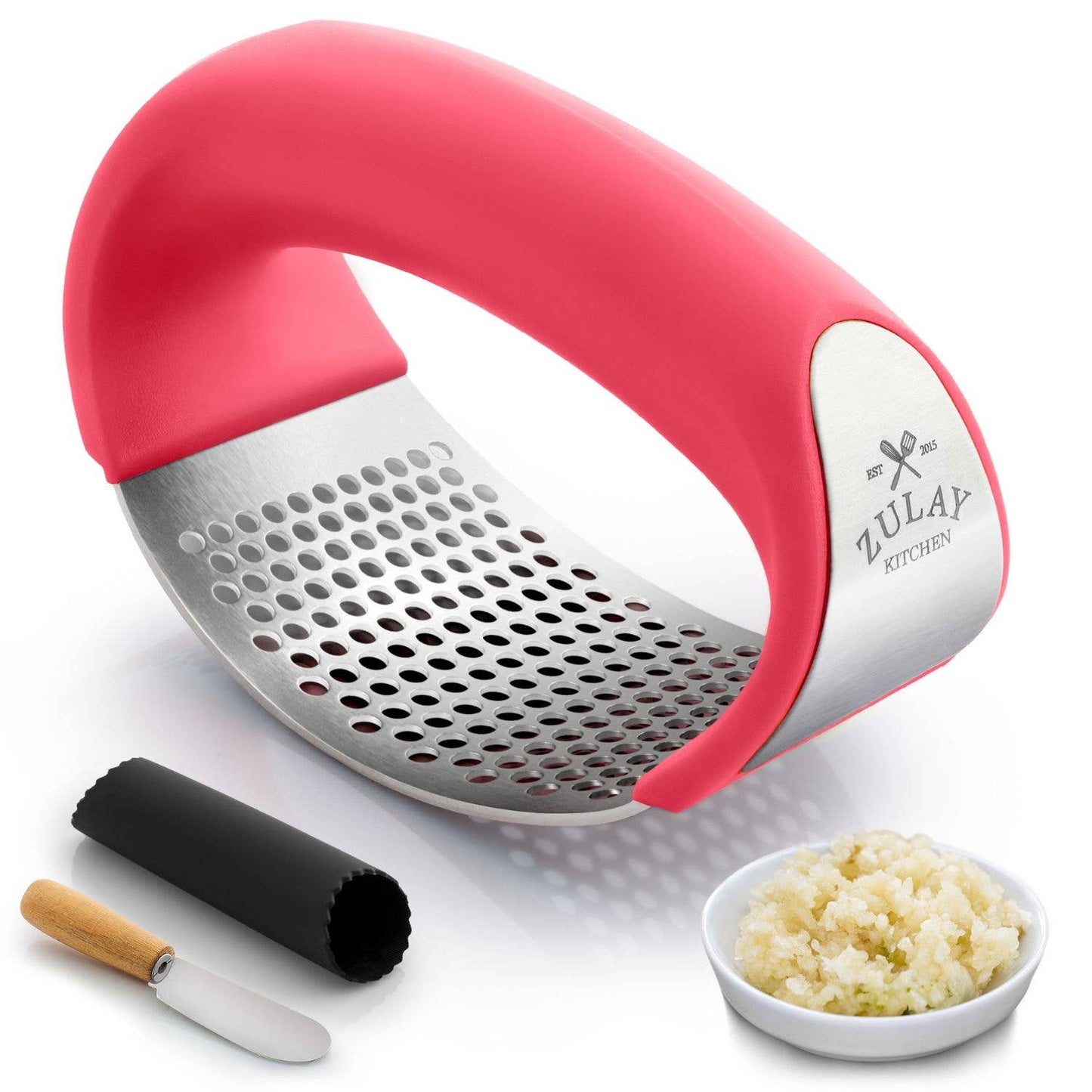 Garlic Press Rocker With Silicone Peeler & Scraper Set: Blue
