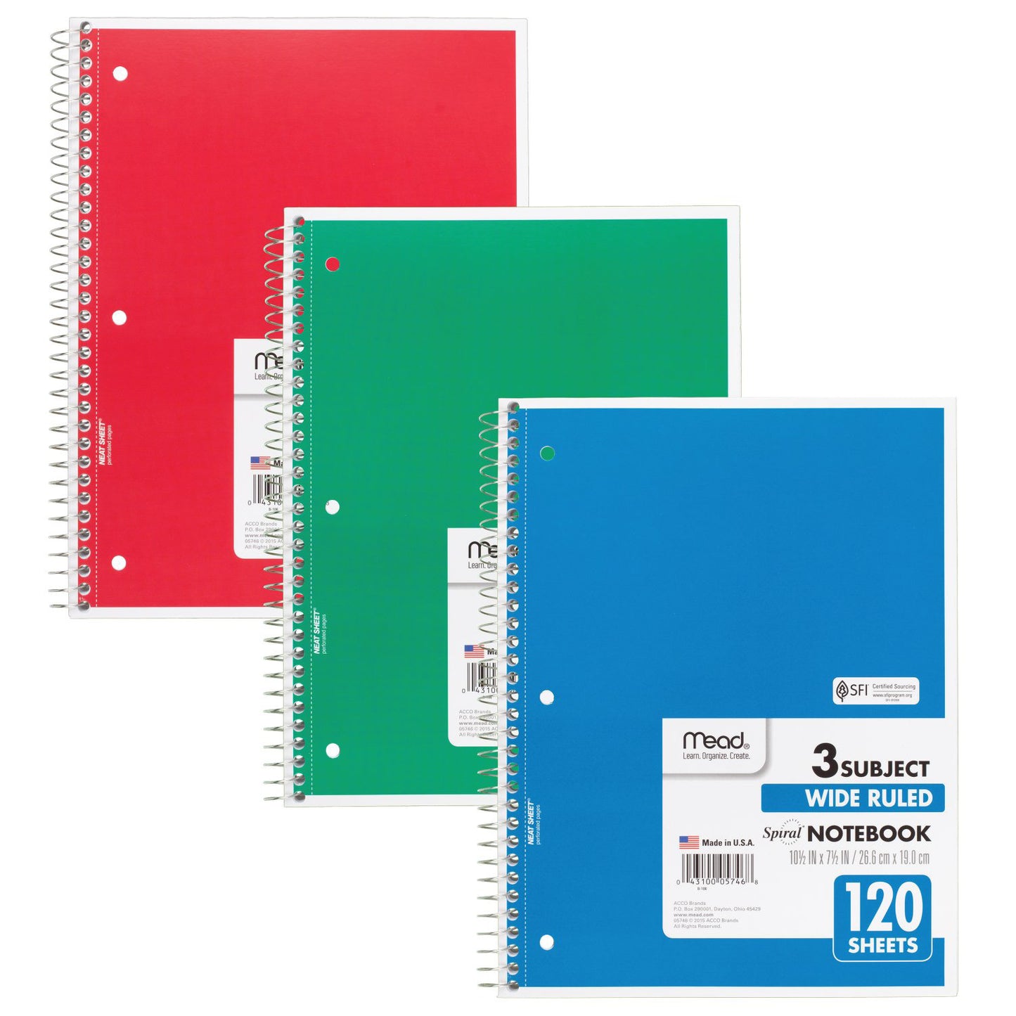 120 Sheets, 3 Subject, College Ruled, Spiral Notebook
