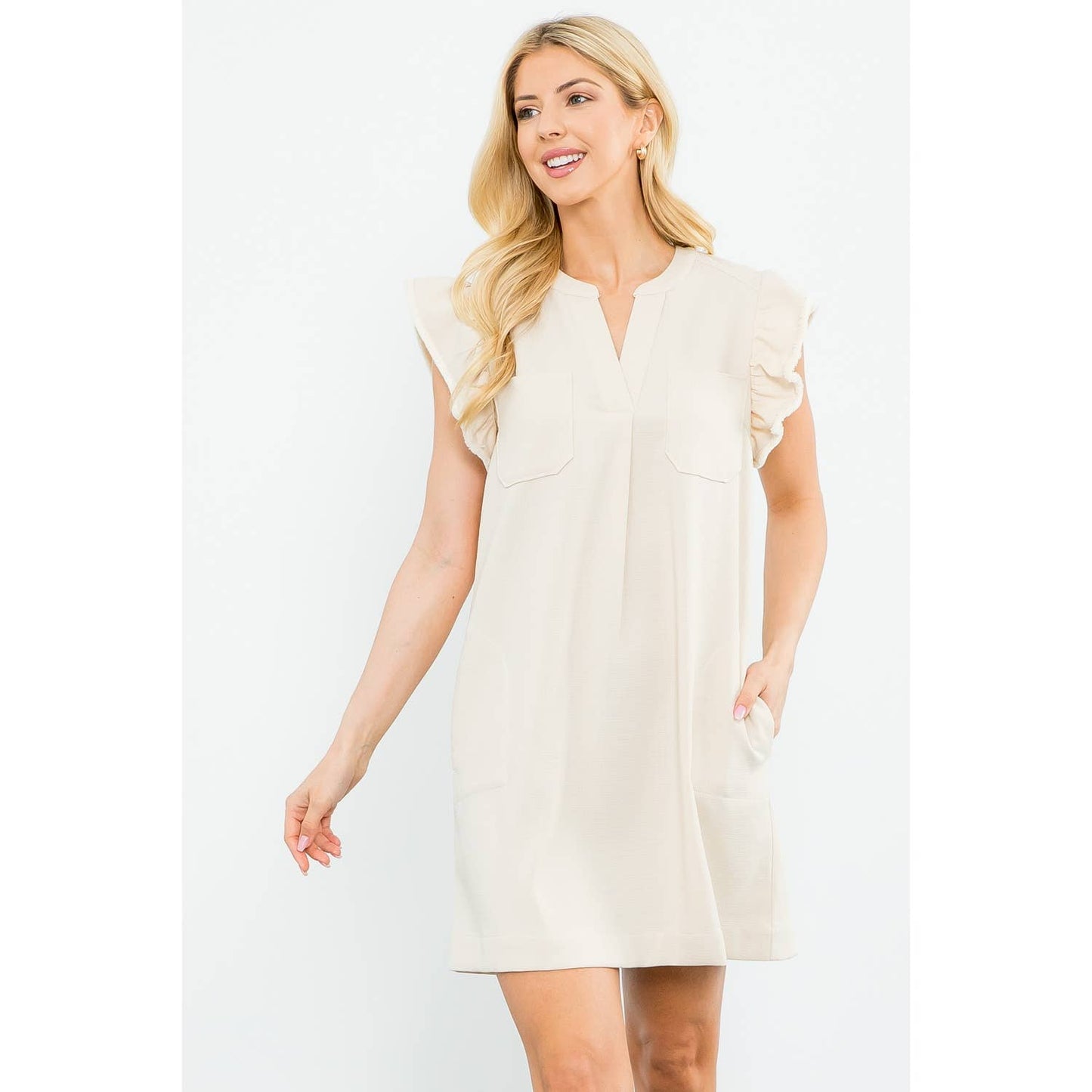 Flutter Sleeve Split V-Neck Mini Shift Dress: CREAM / XS-S-M-L(1-2-2-1)