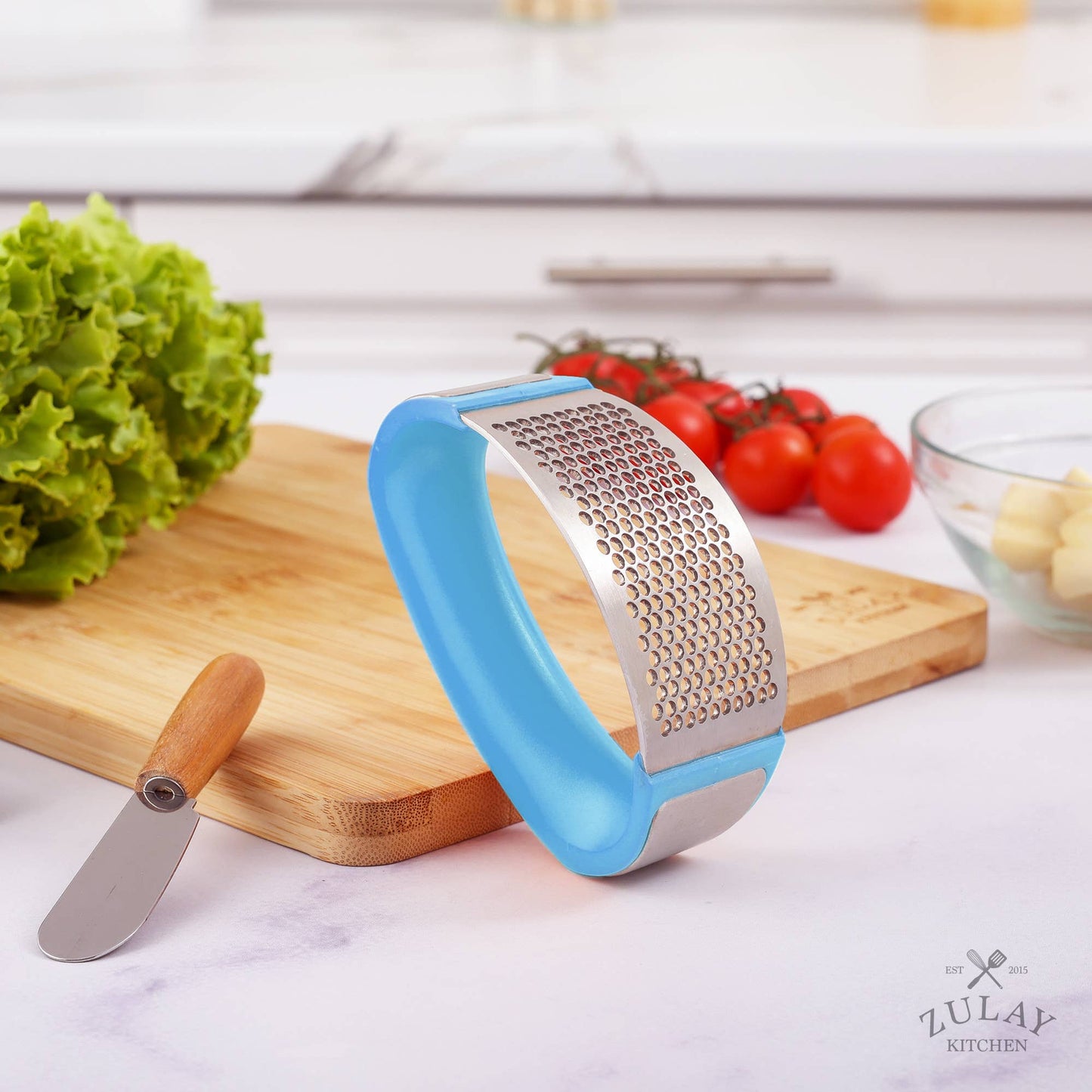 Garlic Press Rocker With Silicone Peeler & Scraper Set: Blue