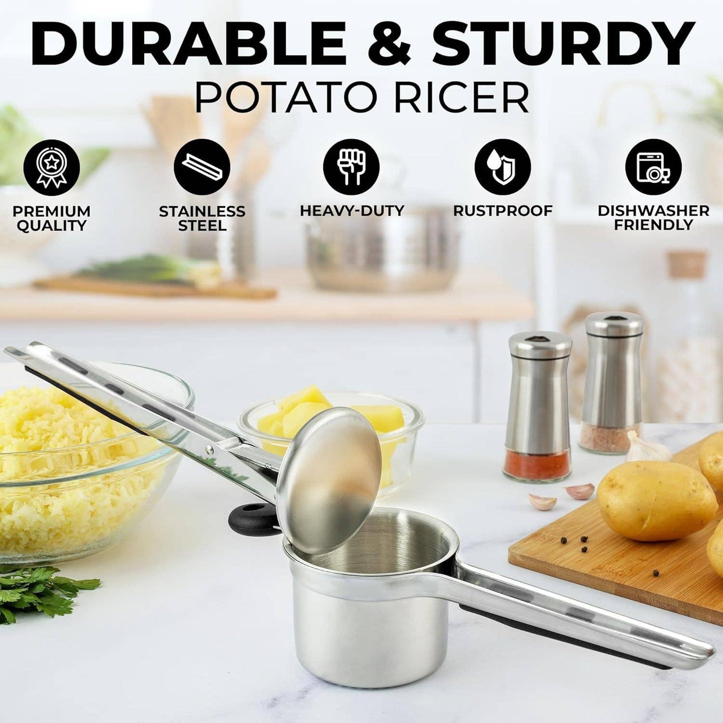 Premium Large 15oz Potato Ricer with 2 Interchangeable Discs: Silver/Black