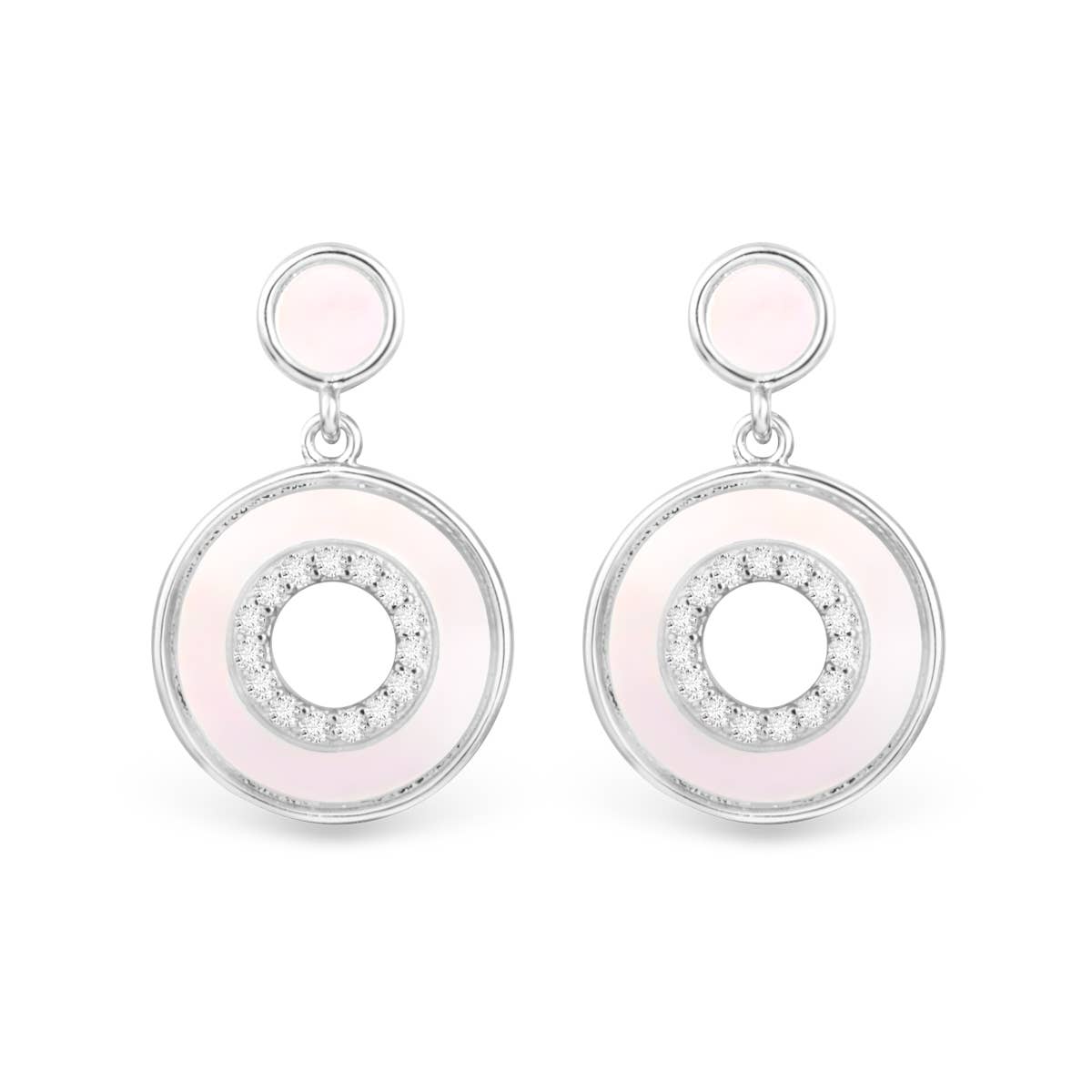 Mother of Pearl and CZ Hollow Circle Drop Earrings - Silver - AMANDA BLU