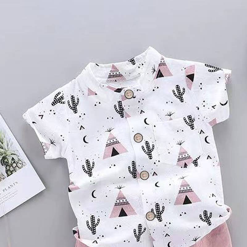 Cactus Print Short-sleeve Shirt and Pants Set: Blue / 9-12 Months