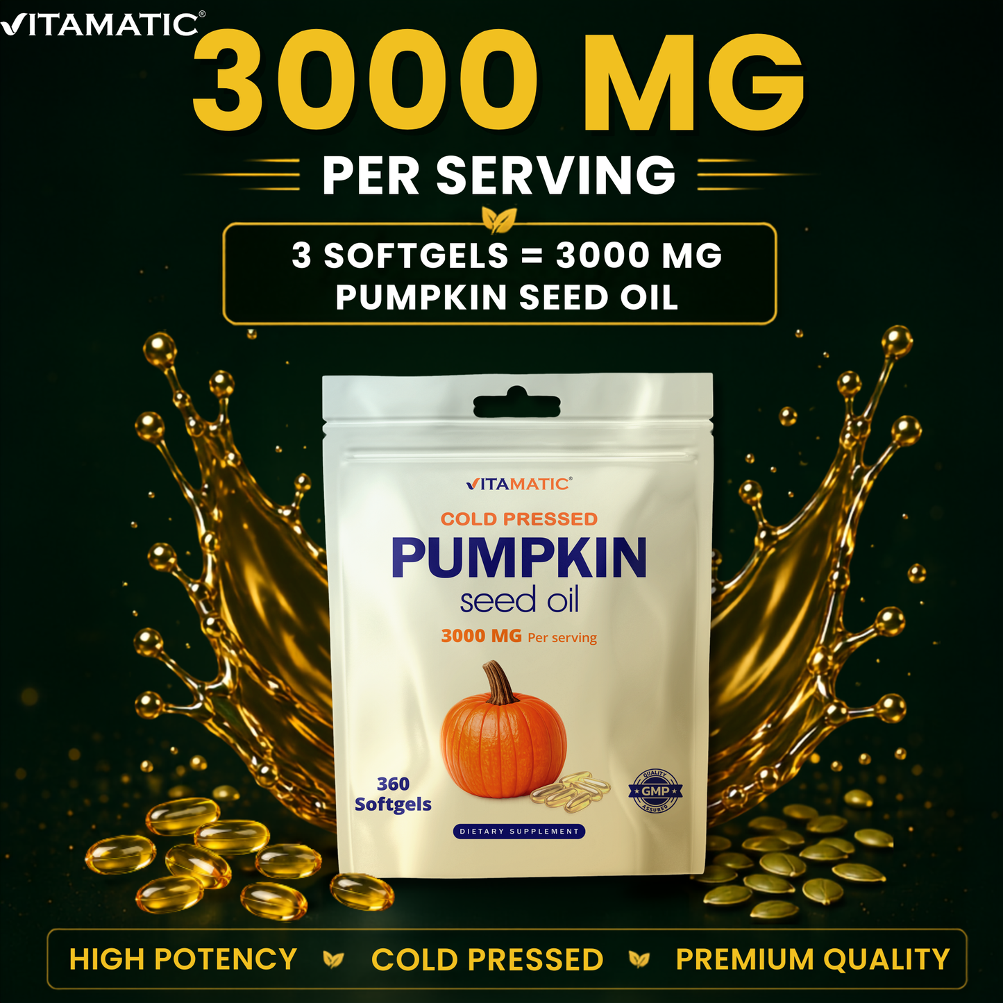 Vitamatic Pumpkin Seed Oil 3000 mg per Serving, 360 Softgels