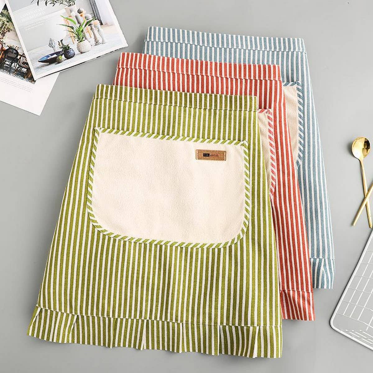 Stripe Half-length linen cooking Apron with pockets_CWMM2033: Red / (OS) 1
