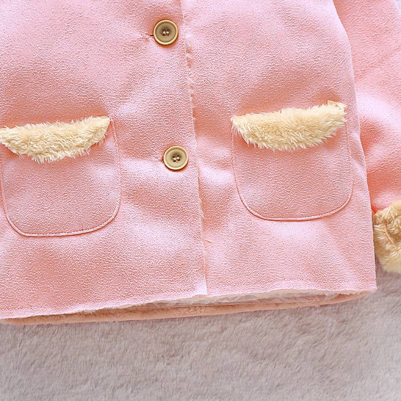 3D Ear Solid Suede and Fleece Baby Hooded Coat Jacket: 12-18 Months / Coffee