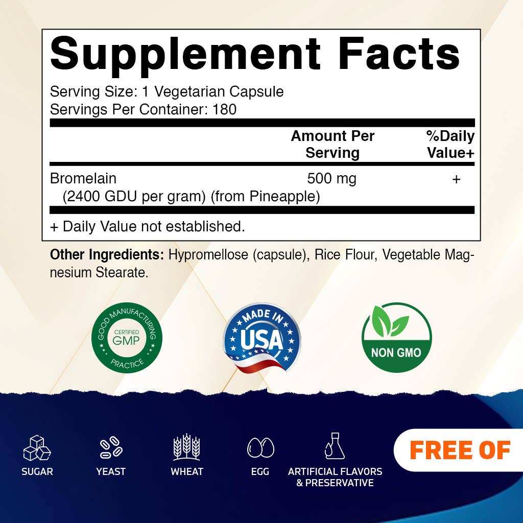 Vitamatic Bromelain 500mg | 2400 GDU/g | 180 Capsules