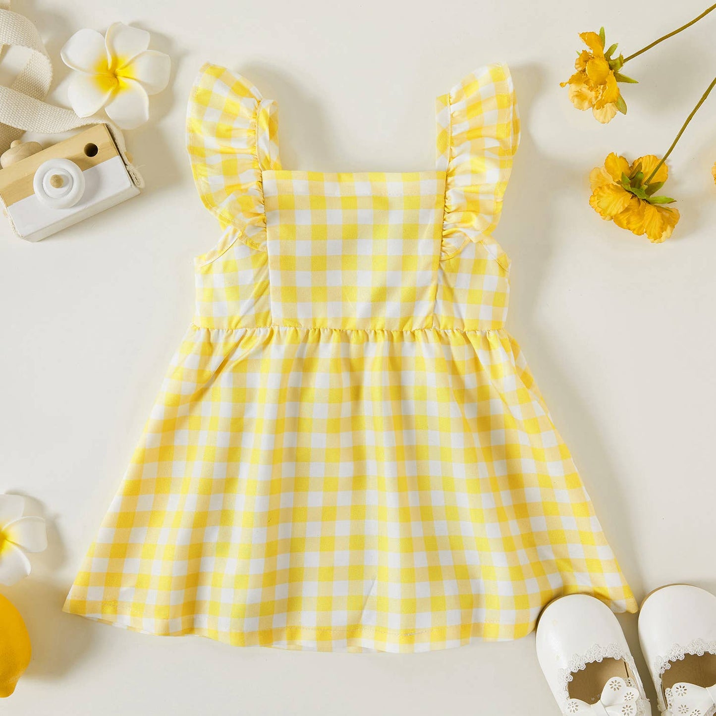 1pc Baby Girl Plaid&Lemon&Fruit Sweet Dress: Yellow / 6-9 Months