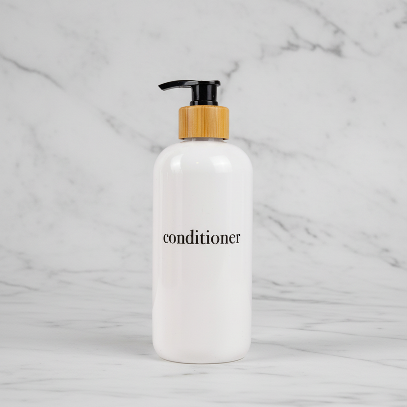 Shampoo & Conditioner Bottle Sets - Refillable | White Dispensers | Bamboo or Plastic Tops: White / Body Wash / Black / Plastic