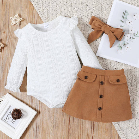 3-piece Baby Girl Ruffled Cable Knit Textured White Sweater,: Brown / 6-9 Months
